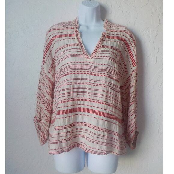 Lou Grey Loft Women Small Tunic Blouse V-Neck Ivory Red Stripe Pullover Cotton - Picture 12 of 12